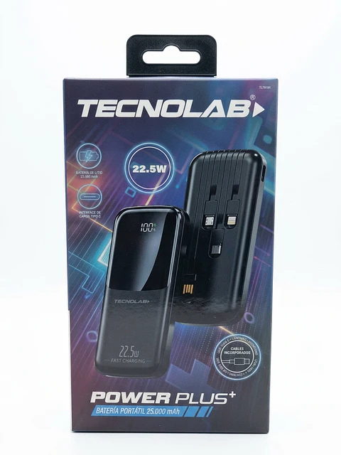 Batería Portátil Tecnolab 25.000 mAh 22.5W Carga Rápida con Cables Incorporados
