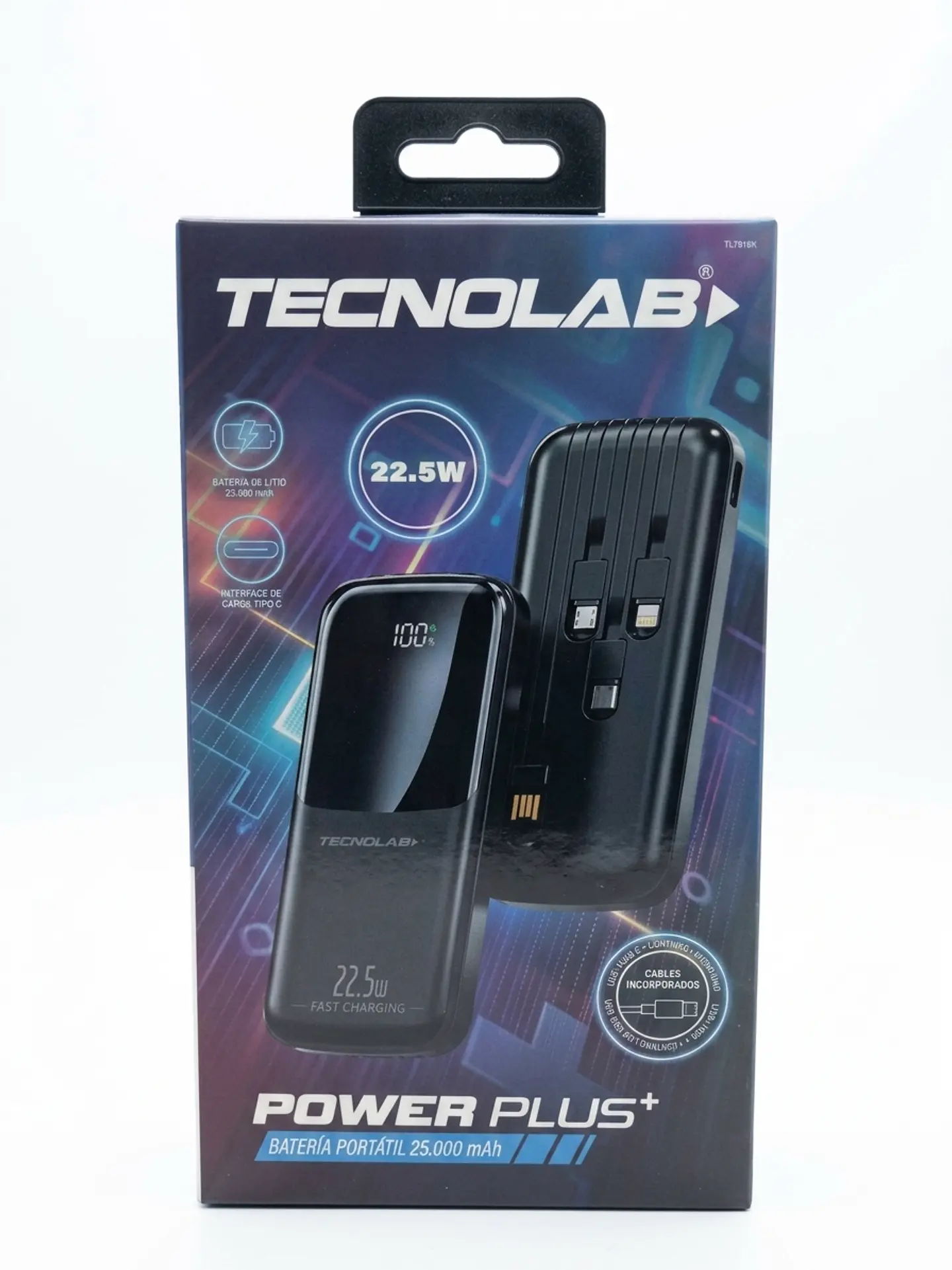 Batería Portátil Tecnolab 25.000 mAh 22.5W Carga Rápida con Cables Incorporados 1
