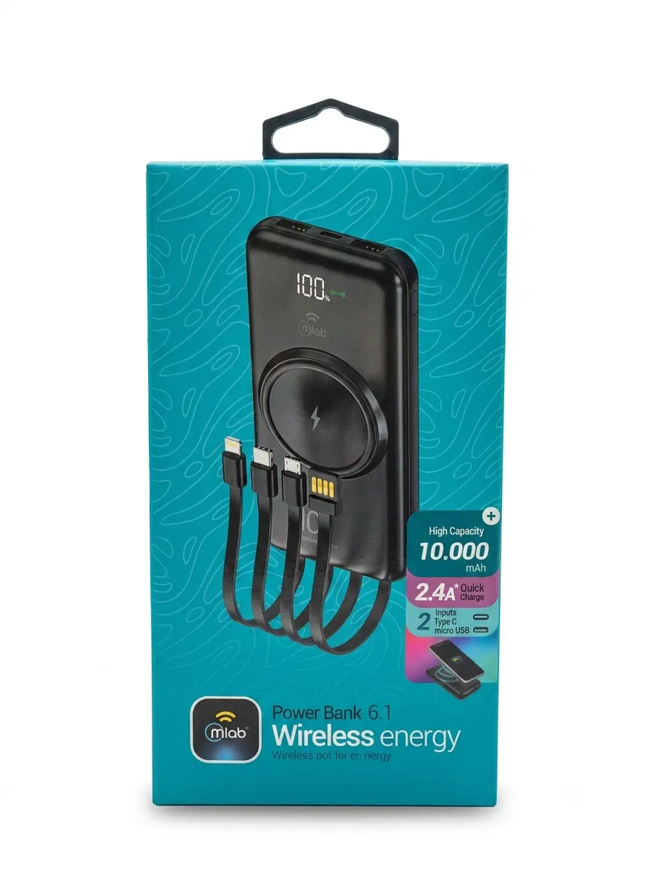 Batería Portátil mlab 10.000 mAh 2.4A con Carga Inalámbrica y Cables Incorporados 1