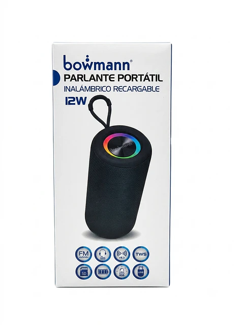 Parlante Portátil Inalámbrico Recargable Bowmann 12W con Luces RGB, TWS y Radio FM