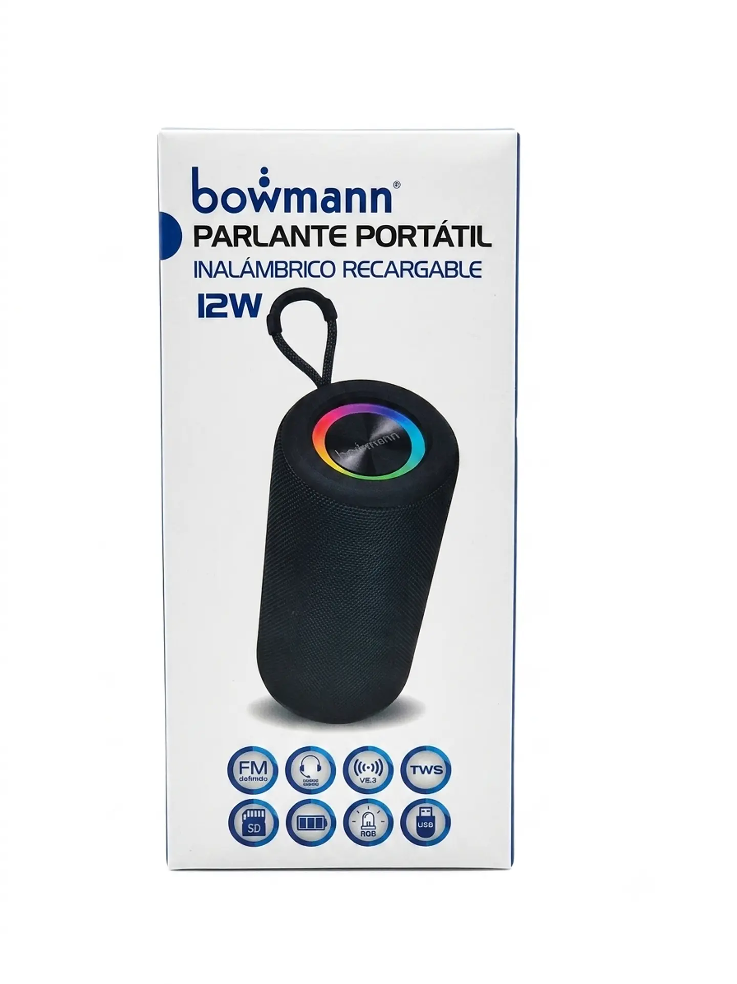 Parlante Portátil Inalámbrico Recargable Bowmann 12W con Luces RGB, TWS y Radio FM 1