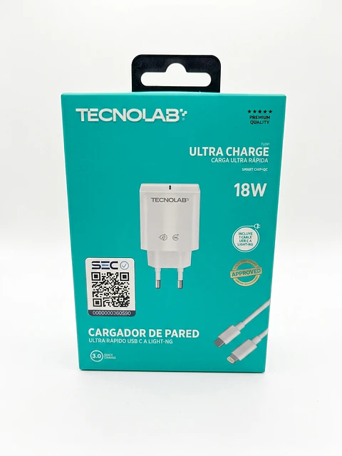 Cargador de Pared Tecnolab 18W USB-C a Lightning (Smart Chip QC 3.0)