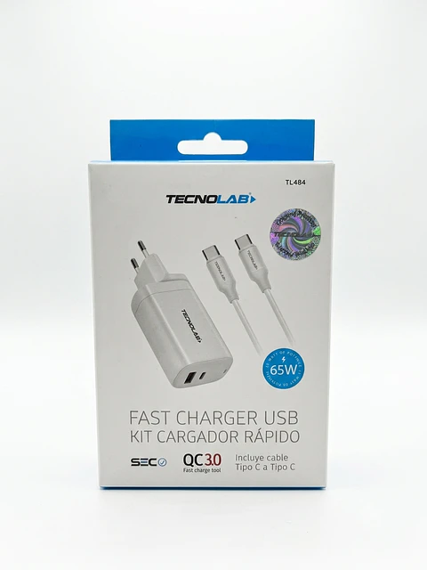 Cargador Rápido de Pared Tecnolab 65W (USB-C + USB-A) con Cable Type-C a Type-C