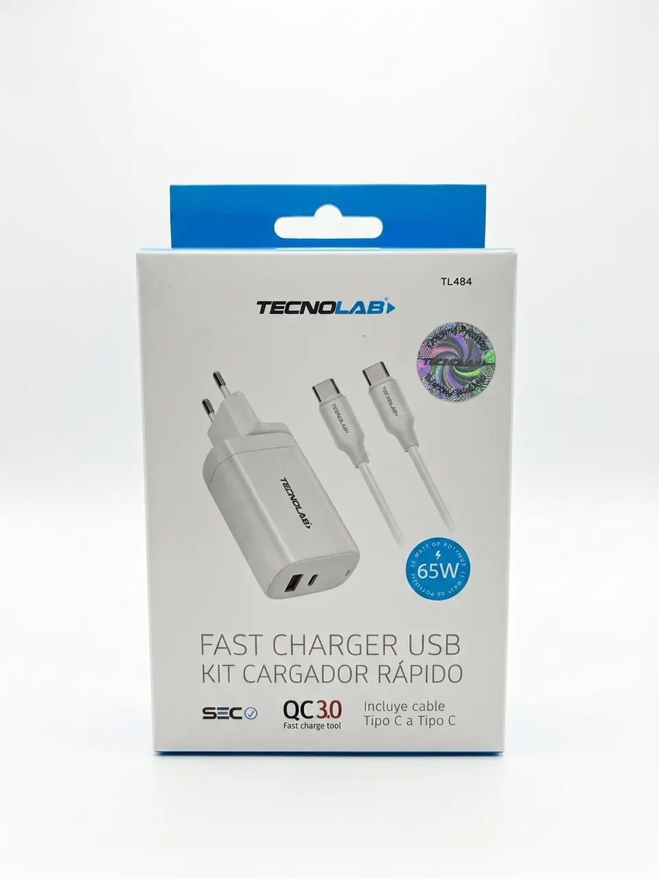Cargador Rápido de Pared Tecnolab 65W (USB-C + USB-A) con Cable Type-C a Type-C 1
