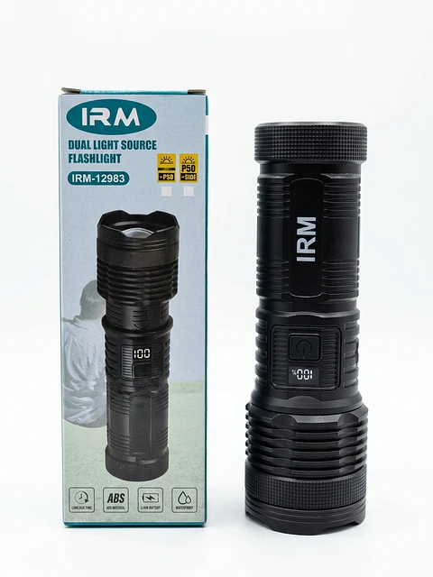 Linterna Táctica Recargable IRM Dual Light Source LED con Pantalla Digital 