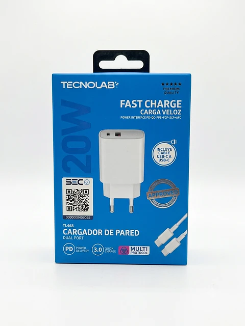 Cargador de Pared Dual Tecnolab 20W con Cable USB-C a USB-C