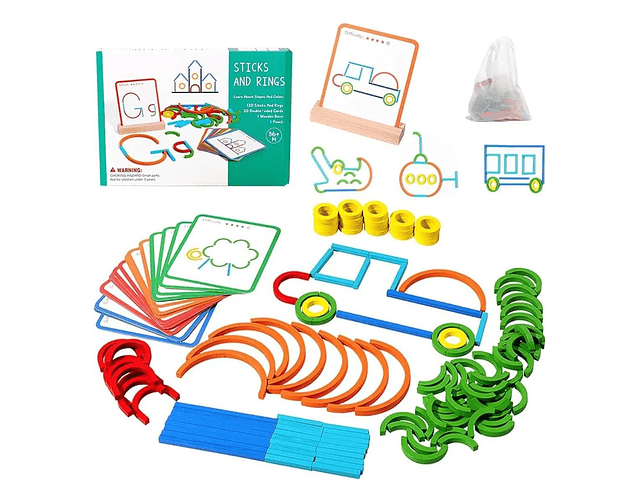 Juego de construcción de palos y anillos en forma de rompecabezas con letras de madera, bloques de tallo, juguete educativo de aprendizaje, juguetes Montessori