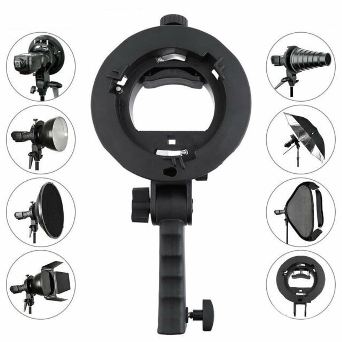 Fancier Montura S  (conocida como montura tipo Bowens) con Empuñadura para hasta 5 Flashes y Accesorios (no incluidos) 9