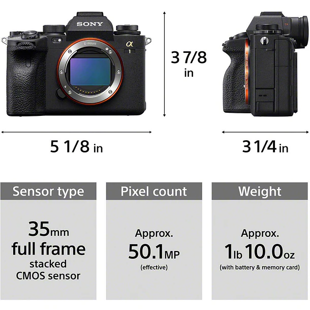 Sony Alpha 1 Cámara 50 Megapixeles 8K Mirrorless Full Frame (Sin Lente) (ILCE-1 E38  ILCE-1) 8