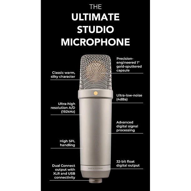 RODE NT1 Micrófono XLR/USB de condensador cardioide de diafragma grande (negro) 5th Generation 12