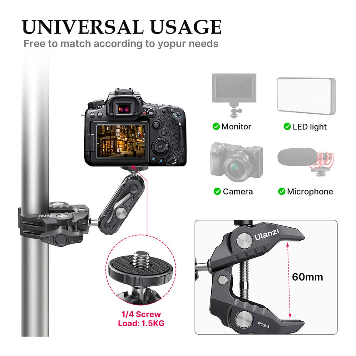 Ulanzi R094 Pinza Con Brazo Para Accesorios o Cámaras 10