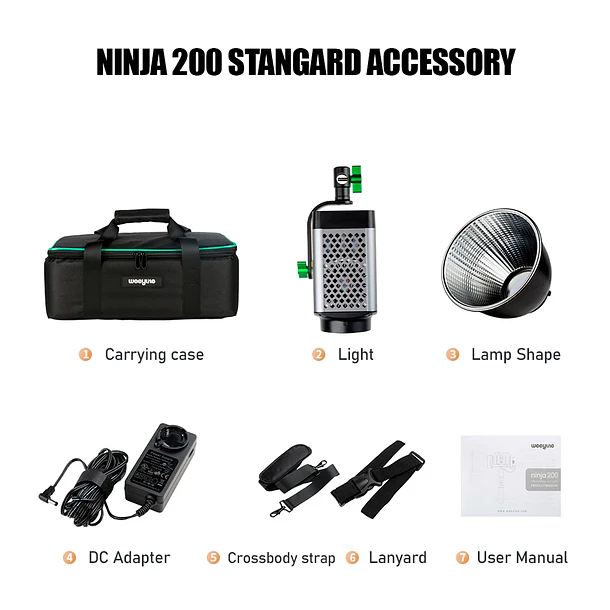 Weeylite Ninja 200 Cañón Luz Led continua 60W Con Adaptador Montura Bowens 13