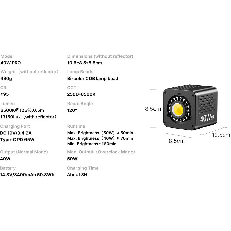 Ulanzi 40W PRO L023 Led Ultra Compacto y Potente Con Reflector,  Difusor y Fuente de Poder L075 25