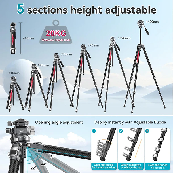 Ulanzi TT09 Videogo Trípode Fibra de Carbono Para Video Con Montura Arca-Swiss 3