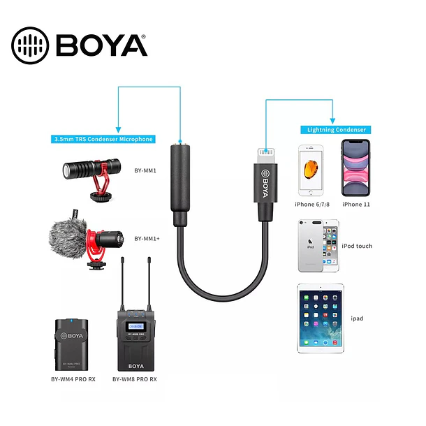Boya BY-K8 Mini Cable Adaptador 3.5mm TRS Hembra a Lightning Macho 3