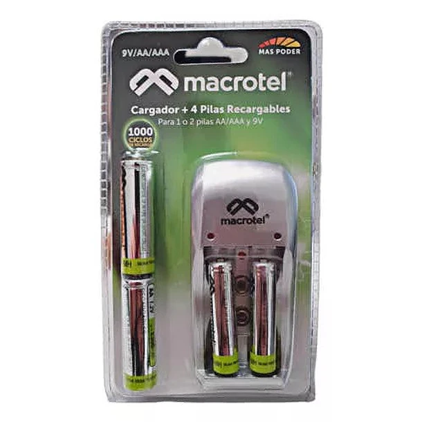 Macrotel Cargador de Pilas AA y AAA Incluye 2 Pilas AA y 2 AAA 1