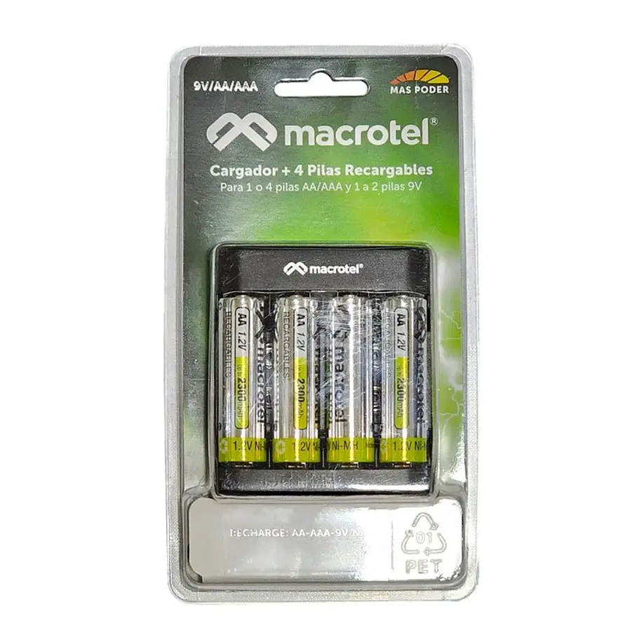 Macrotel  Cargador 4 Pilas AA o AAA y 9V, Incluye 4 Pilas AA 1