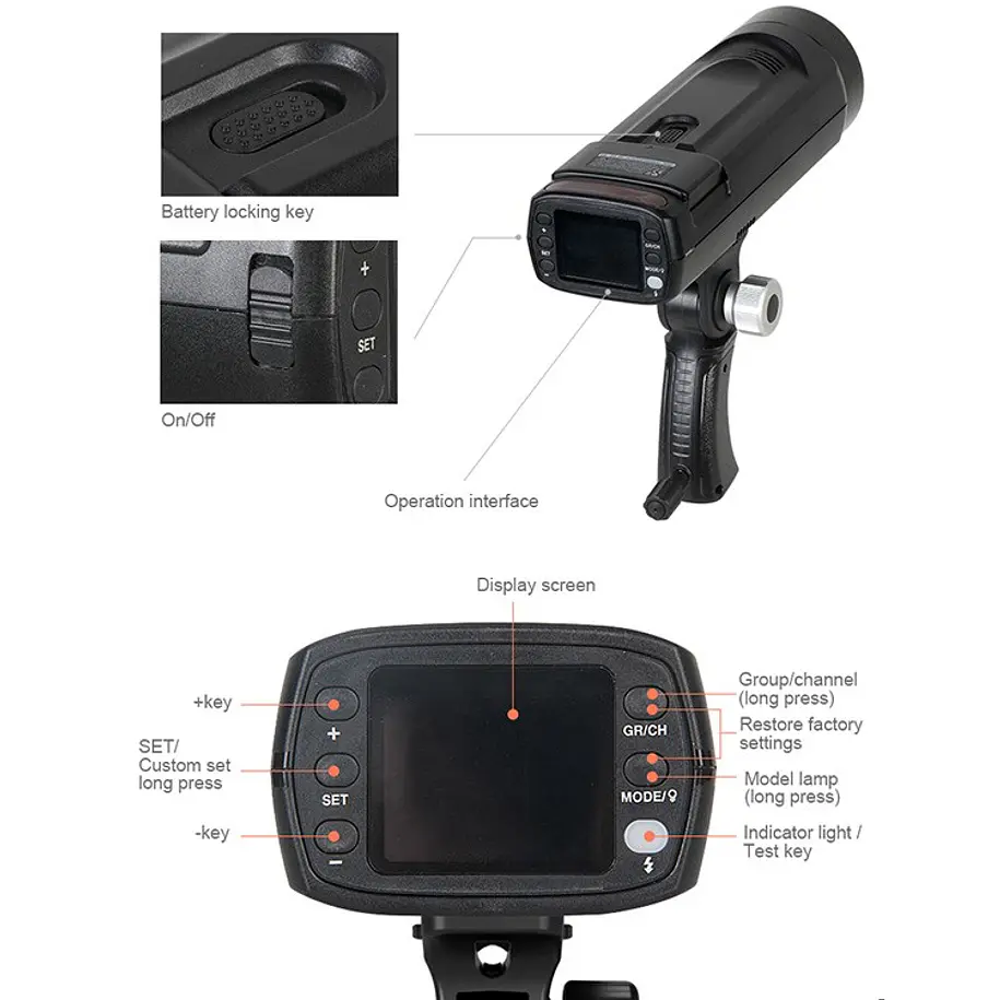 Triopo F1-250 Flash de Estudio Portátil 250W Con Batería Recargable 11
