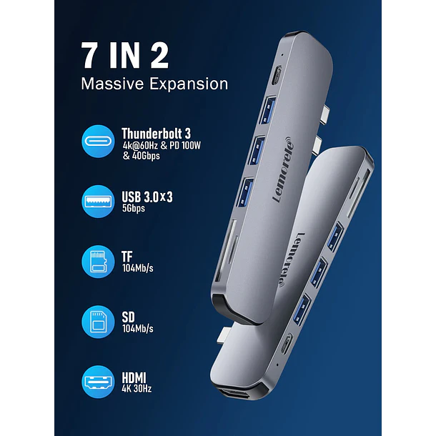 Lemorele TC52 Hub USB-C 7 en 2 para MacBook Pro y Air – Alta velocidad, diseño compacto y máxima compatibilidad 3