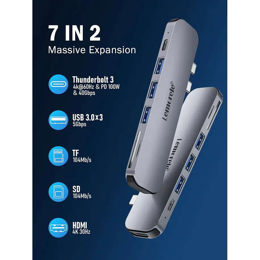 Lemorele TC52 Hub USB-C 7 en 2 para MacBook Pro y Air – Alta velocidad, diseño compacto y máxima compatibilidad 3