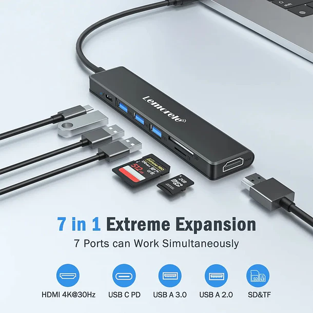 Lemorele TC70L Hub USB-C 7 en 1 con HDMI,  lector SD y Micro SD 6