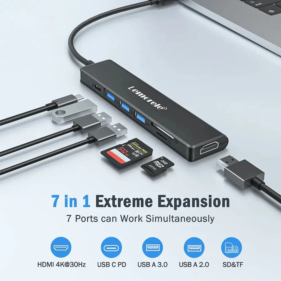 Lemorele TC70L Hub USB-C 7 en 1 con HDMI,  lector SD y Micro SD 6
