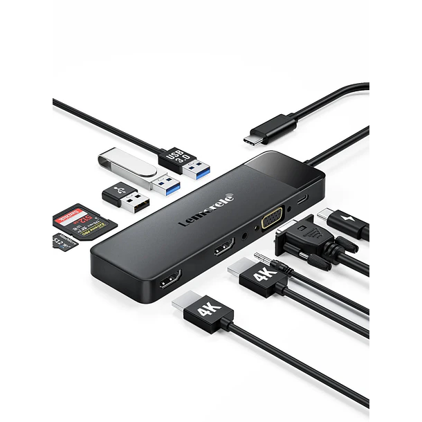 Lemorele TC94  Docking Station USB-C 10 en 1 con Triple Salida de Video y Audio 3,5 mm 1