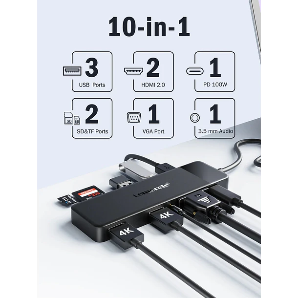 Lemorele TC94  Docking Station USB-C 10 en 1 con Triple Salida de Video y Audio 3,5 mm 2