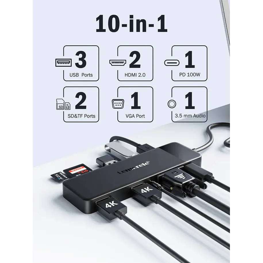 Lemorele TC94  Docking Station USB-C 10 en 1 con Triple Salida de Video y Audio 3,5 mm 2