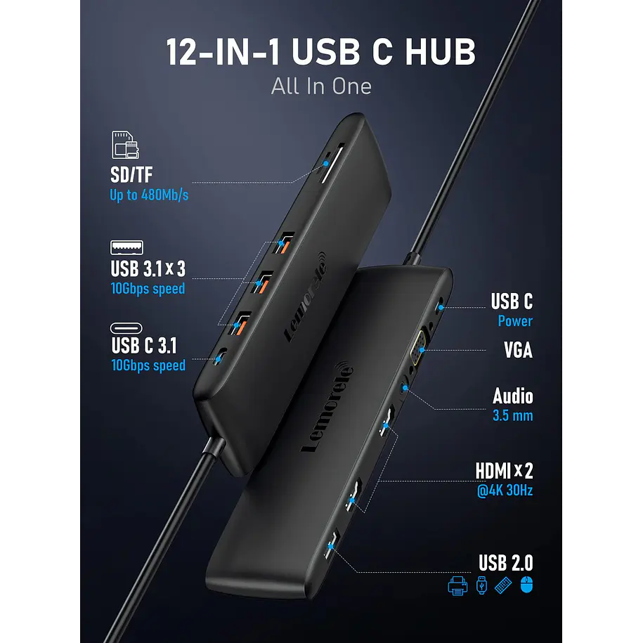 Lemorele TC97 – Estación Docking USB-C 12 en 1 5