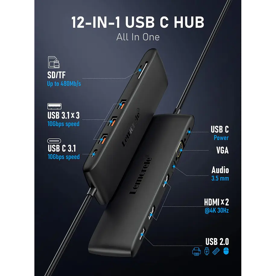 Lemorele TC97 – Estación Docking USB-C 12 en 1 6