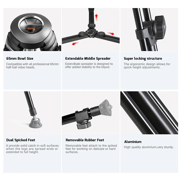 E-Image EK610 – Kit de Trípode Profesional con Cabezal Fluido de 65 mm 5