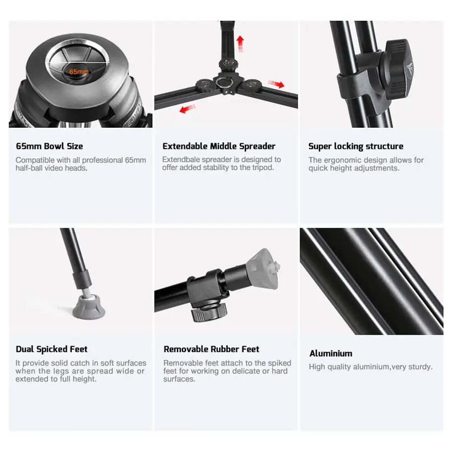 E-Image EK610 – Kit de Trípode Profesional con Cabezal Fluido de 65 mm 5