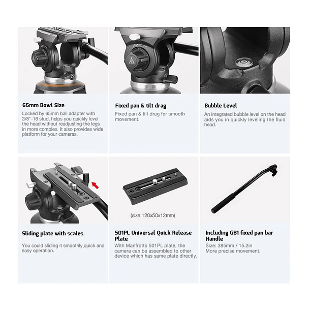 E-Image EK610 – Kit de Trípode Profesional con Cabezal Fluido de 65 mm 6