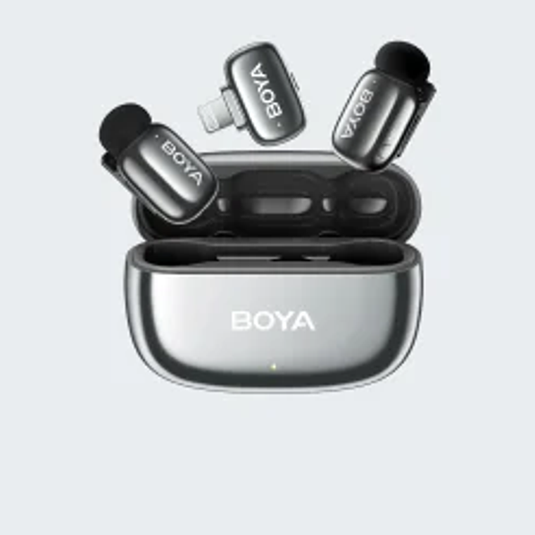 Boya BOYAMINI 2-01 Sistema de Micrófono Inalámbrico para 2 Personas Lightning y USB-C con Caja de Carga, Lunar Silver (Brillante) 4