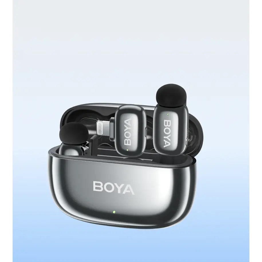 Boya BOYAMINI 2-01 Sistema de Micrófono Inalámbrico para 2 Personas Lightning y USB-C con Caja de Carga, Lunar Silver (Brillante) 5