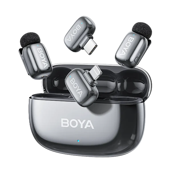 Boya BOYAMINI 2-01 Sistema de Micrófono Inalámbrico para 2 Personas Lightning y USB-C con Caja de Carga, Lunar Silver (Brillante) 1