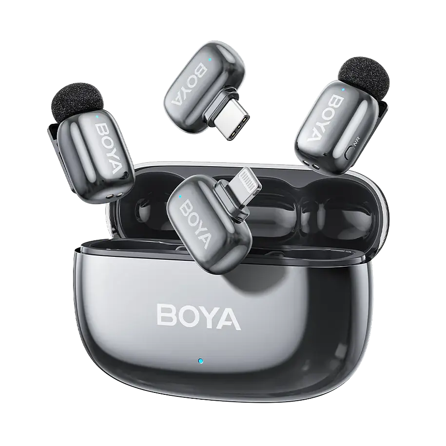 Boya BOYAMINI 2-01 Sistema de Micrófono Inalámbrico para 2 Personas Lightning y USB-C con Caja de Carga, Lunar Silver (Brillante) 1