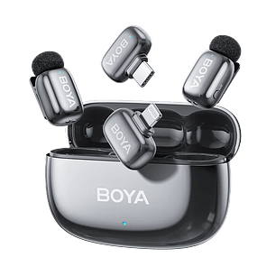 Boya BOYAMINI 2-01 Sistema de Micrófono Inalámbrico para 2 Personas Lightning y USB-C con Caja de Carga, Lunar Silver (Brillante)