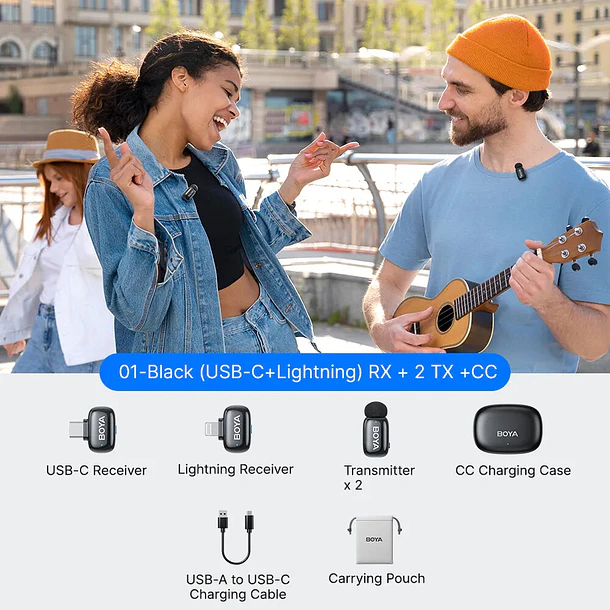 Boya BOYAMINI 2-01 Sistema de Micrófono Inalámbrico para 2 Personas Lightning y USB-C con Caja de Carga, Lunar Silver (Brillante) 2