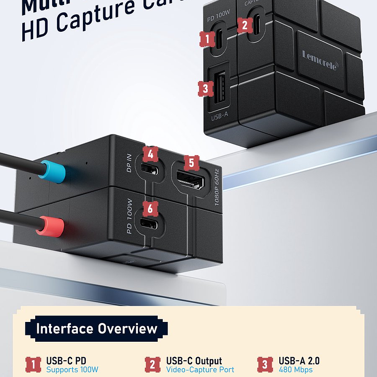 Lemorele AC12 Capturadora de Video 1080P + HUB USB-C 6