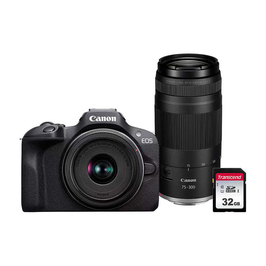 Canon EOS R100 Zoom Kit RF-S 18-45 y Lente Teleobjetivo Zoom RF 75-300 1