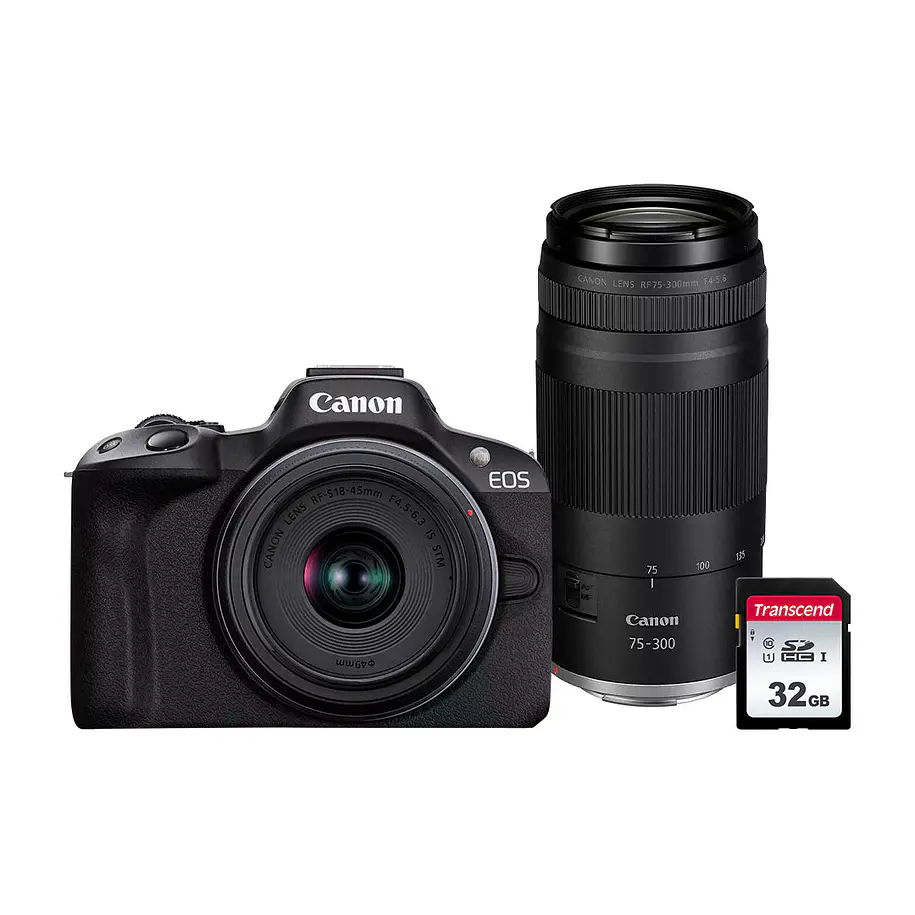 Canon EOS R50 Zoom Kit Cámara Mirrorless Con Lentes RF-S 18-45mm y RF 75-300mm Más Tarjeta SD 32GB 1