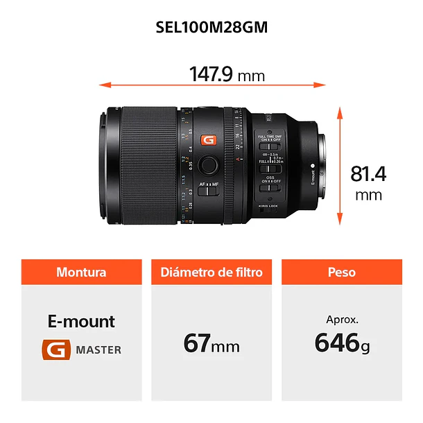 Sony FE 100 mm F2.8 Macro GM OSS Lente Semi Teleobjetivo - SEL100M28GM.SOLA  2