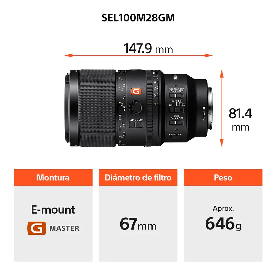 Sony FE 100 mm F2.8 Macro GM OSS Lente Semi Teleobjetivo - SEL100M28GM.SOLA  2