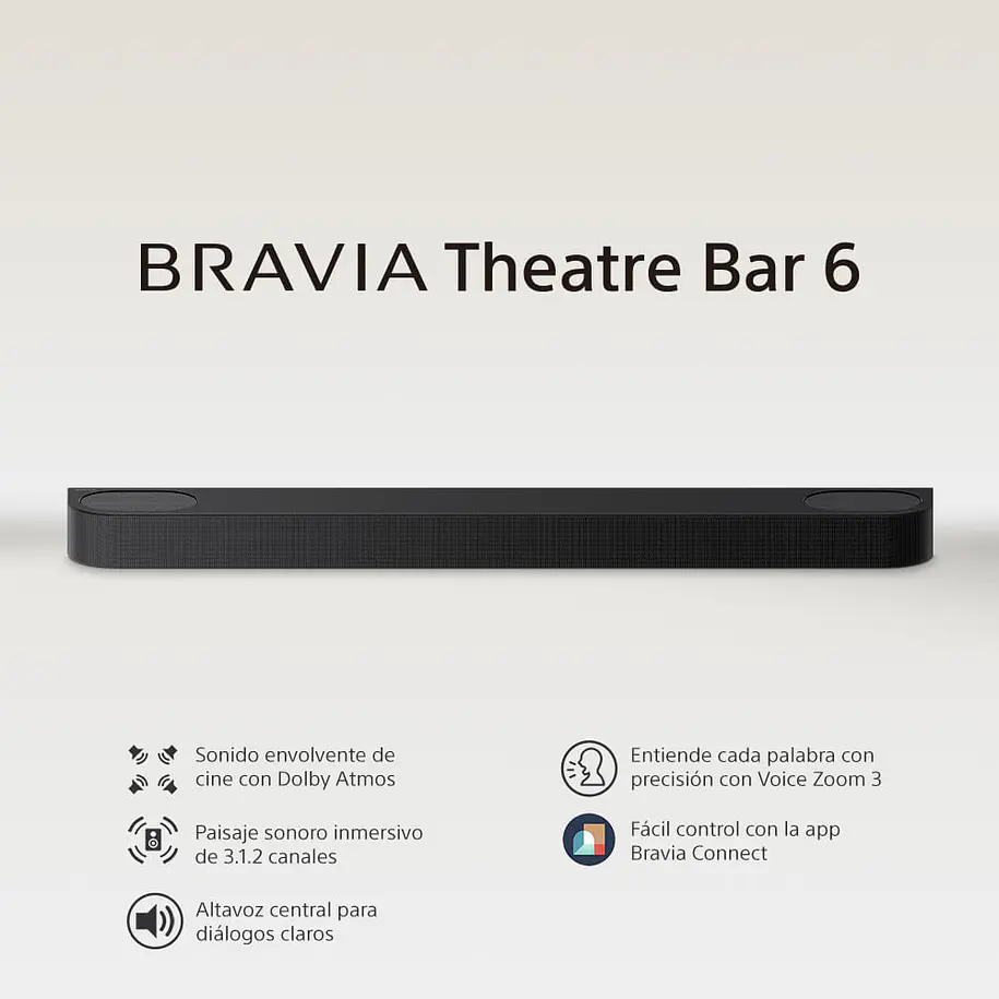 Sony Bravia Theatre Bar 6 Barra de Sonido 3.1.2 Canales Subwoofer Inalámbrico Dolby Atmos/DTS:X 3