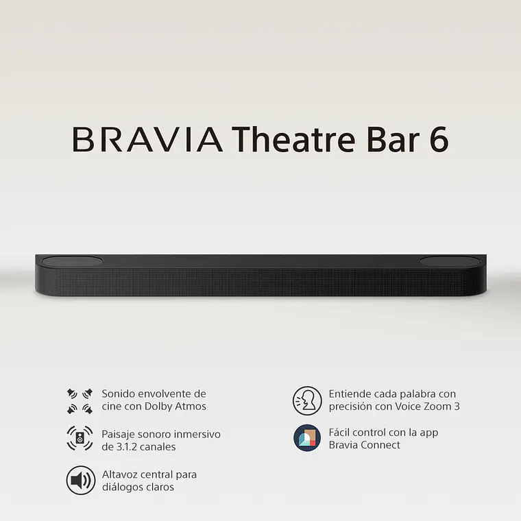 Sony Bravia Theatre Bar 6 Barra de Sonido 3.1.2 Canales Subwoofer Inalámbrico Dolby Atmos/DTS:X 3