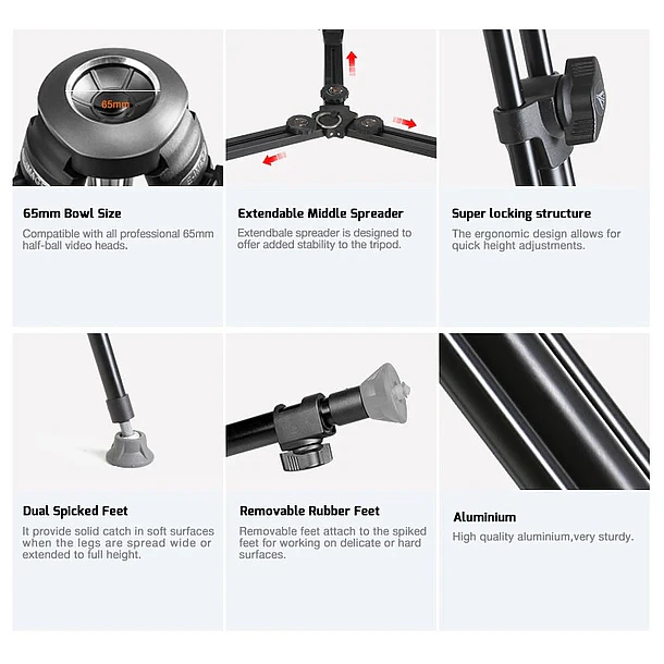 Giraffa  GI-VT50 – Kit de Trípode Profesional con Cabezal Fluido de 65 mm 5