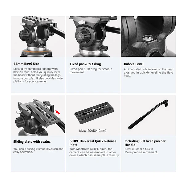 Giraffa  GI-VT50 – Kit de Trípode Profesional con Cabezal Fluido de 65 mm 6