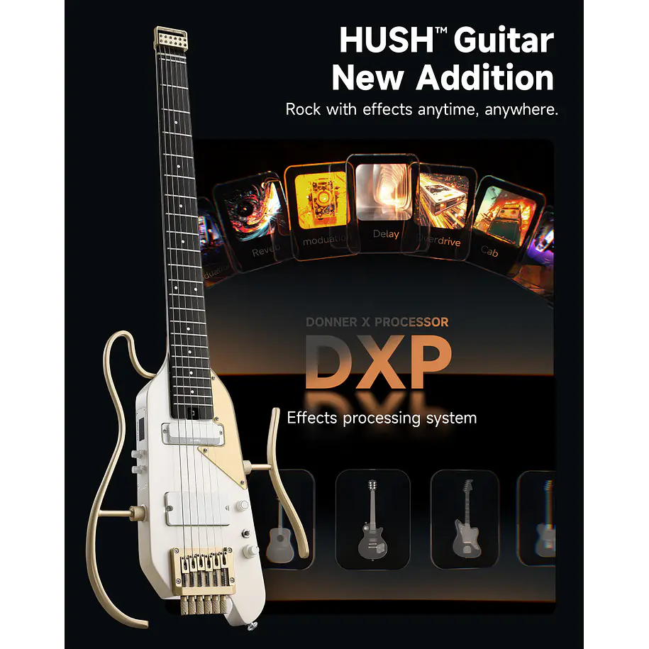 Donner HUSH X PRO Guitarra Eléctrica de Viaje Headless con Efectos Integrados White-Luxe EC7450 4